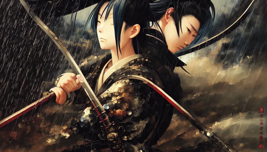 Image similar to baroque oil painting of key visual great samurai war, female samurai, rain, storm, final fantasy, fake detail, trending pixiv fanbox, acrylic palette knife, style of makoto shinkai takashi takeuchi yoshiyuki sadamoto greg rutkowski chiho aoshima