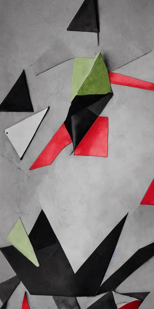Prompt: colored latex mixing with black leather, angular shapes, stitching, highly detailed, hyperrealistic