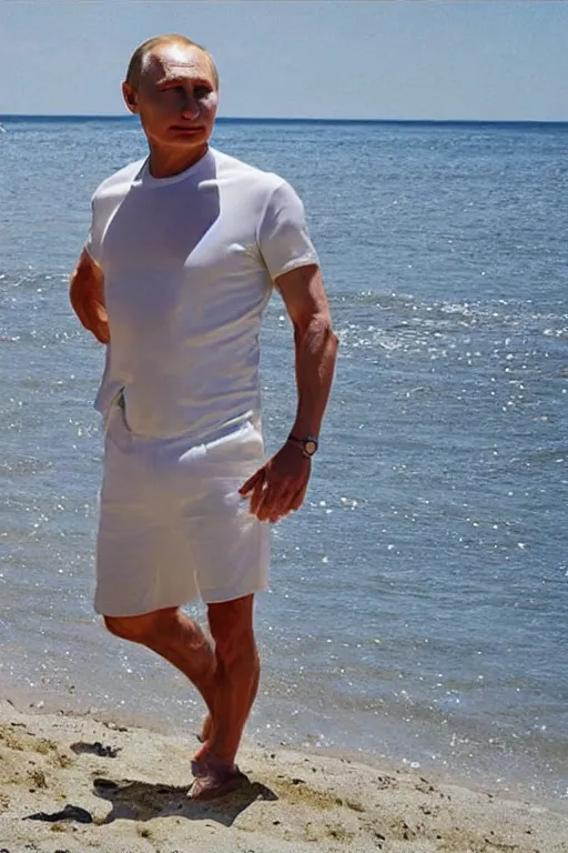 Image similar to Putin on a beach in shorts, full character, hyper realistic, highly detailed