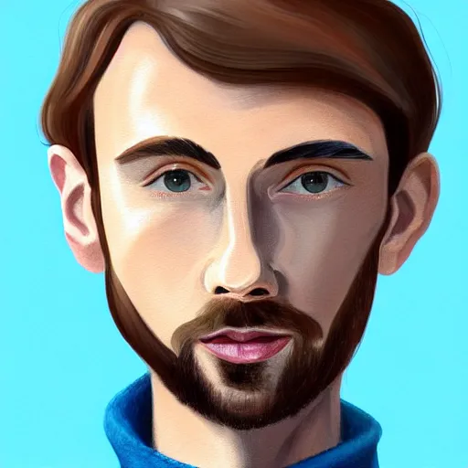 Image similar to gangly man with short light brown wavy hair, light brown stubble thin beard, no mustache, English heritage, blue eyes, middle aged, wearing a turtleneck and jacket, pale skin, narrow face, digital art, painterly, cartoon, cute, 8k, illustration, art by loish, painterly, trending on artstation, medium shot, uncropped