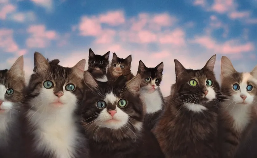 Image similar to photorealistic imagery of sky full of cats