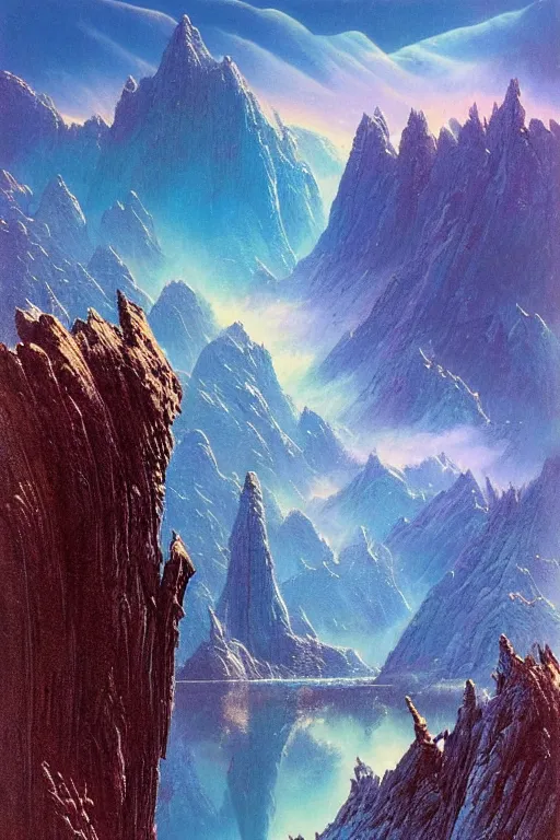 Image similar to a sci - fi landscape, cosmic sky icy lake and rocky moutains vivid by bruce pennington