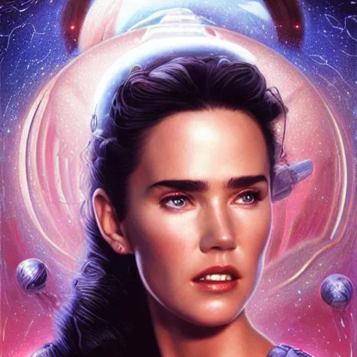 Image similar to Jennifer Connelly as a stunning , beautiful retro SCI-FI space heroine 1985 , movie poster, intricate, elegant, highly detailed, centered, digital painting, trending on artstation, concept art, smooth, sharp focus, illustration, art by artgerm and donato giancola and Joseph Christian Leyendecker, Ross Tran, WLOP