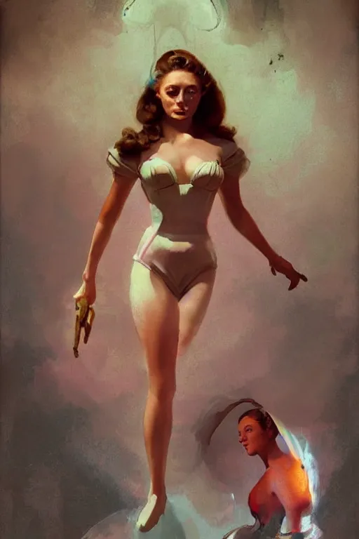 Prompt: a highly detailed epic cinematic concept art CG render digital painting artwork costume design: Elizabeth Olsen as a pinup girl from the 1950s. volumetric lighting. By Greg Rutkowski, in the style of Francis Bacon and Syd Mead and Norman Rockwell and Beksinski, open ceiling, highly detailed, painted by Francis Bacon and Edward Hopper, painted by James Gilleard, surrealism, airbrush, Ilya Kuvshinov, WLOP, Stanley Artgerm, very coherent, triadic color scheme, realistic facial expression, art by Takato Yamamoto and James Jean