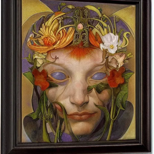 Prompt: the flower prince wearing the bone crown, by Annie Swynnerton and Diego Rivera and Elihu Vedder, symbolist, dramatic lighting, elaborate geometric ornament, Art Brut, soft cool colors,smooth, sharp focus, extremely detailed, Adolf Wölfli and Evelyn De Morgan