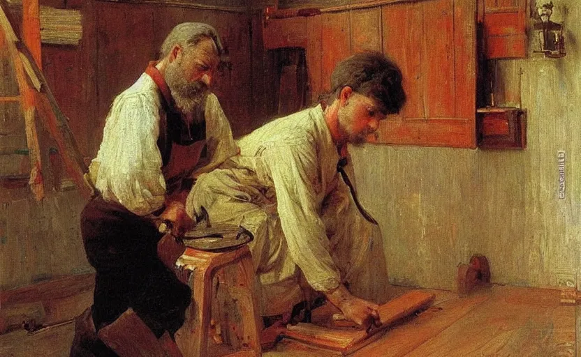 Image similar to high quality high detail painting by ilya repin, carpenter working, hd