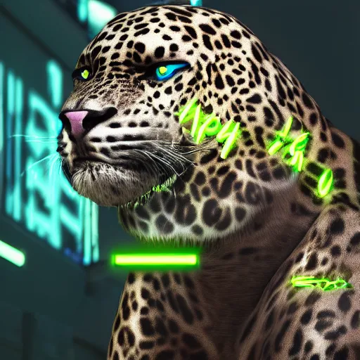 Image similar to portrait of a neon cyberpunk cyborg jaguar animal, octane render