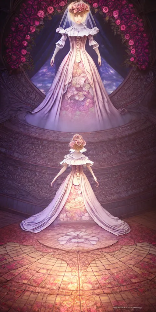 Image similar to the beautiful hyperdetailed physical rendering of a single rose flower wedding gothic lolita dress clothing design display in show in front of your eyes, perfectly shaded, atmospheric lighting, in the style of makoto shinkai, raphael lacoste louis comfort tiffany, artgerm, karol bak, ross tran, 8 k hd, fine texture structure, 3 drender,