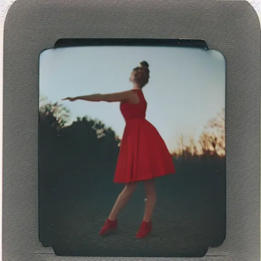 Image similar to vintage polaroid of a dancing young woman in the 60s, low perspective, a nuclear fallout cloud visible in the background, red color bleed, film grain