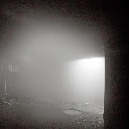 Image similar to a photograph of a dark and wet basement, a shadow creature with red eyes huddled in the corner