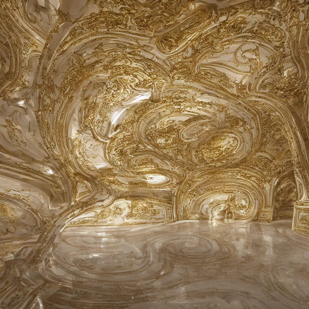 Image similar to an incredibly smooth curvilinear digital neo baroque interior architectural sculpture, a golden pool on the ground is envelope by folding white smooth surfaces, seductive, visually satisfying architecture render