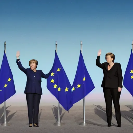 Image similar to angela merkel standing heroically on a pile of dead bodies while waving the eu flag during sunset, hyper realistic with detailed shadows