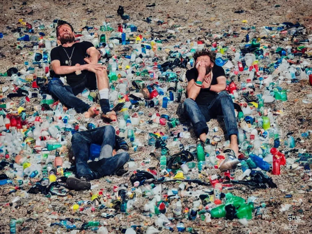 Image similar to jovanotti alone crying surrounded by plastic bottles and garbage on a beach near the adriatic sea, hate, pollution, polaroid color photo, ultra realistic