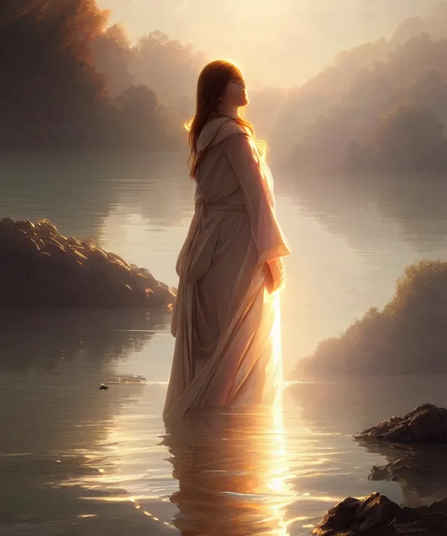 Prompt: emily rajtkowski, lake, elegant, highly detailed, god rays, digital painting, artstation, concept art, smooth, sharp focus, illustration, art by artgerm and greg rutkowski and alphonse mucha