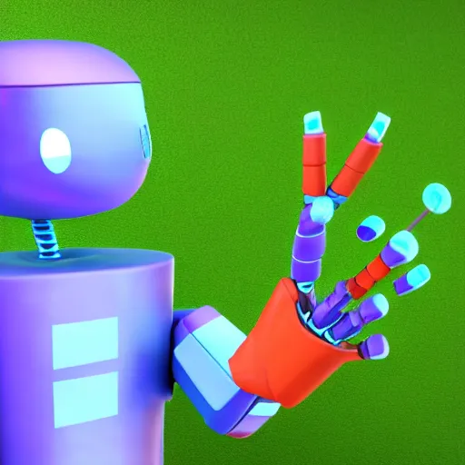 Image similar to a photorealistic 3 d render made in blender of a colourful friendly robot being poked by a man with a stick. background is a purple gradient