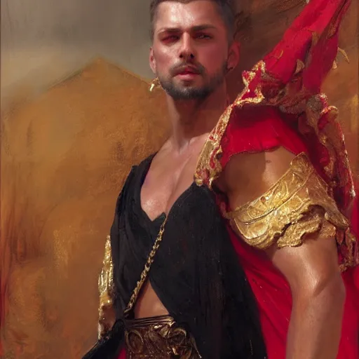 Image similar to detailed realistic cinematic wide shot of beautiful attractive muscular roman empreror gold chain wearing royal red clothes slim face symettrical face clean skin black eyes black robe smooth, sharp focus, ultra realistic, spring light, painting by gaston bussiere, craig mullins, j. c. leyendecker