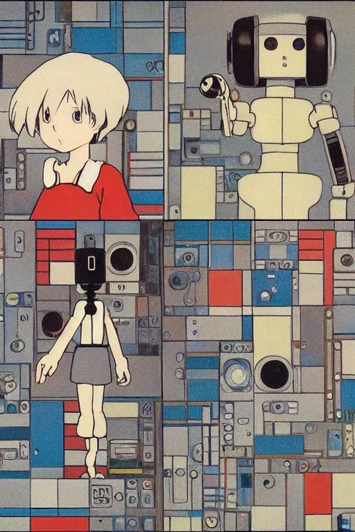 Image similar to a girl robot fdggdfb 3 5 4 df 3 5 4 3 dsgfdg 3 5 4 gh 3 5 sfg 4 hgfdgh 8 7 gs 6 hgs 7 fds 3 5 4 6 8 7 by hayao miyazaki and piet mondrian and hiroshi yoshida, studio ghibli, trending on artstation