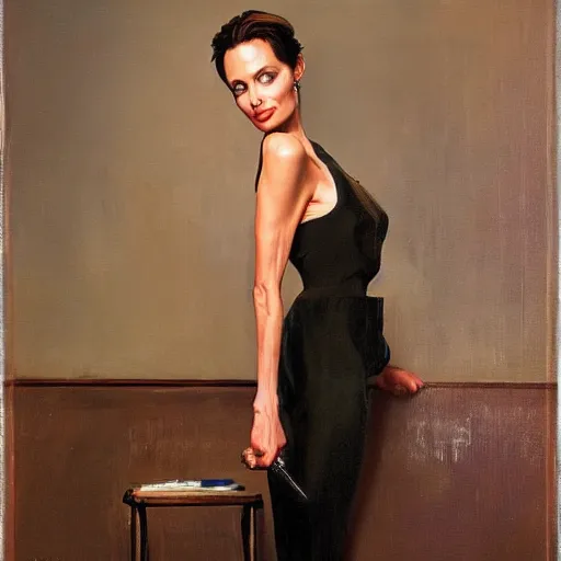 Image similar to oil painting of full - body angelina jolie posing as housepainter by alexander nikolayevich samokhvalov ну или norman percevel rockwell from 1 9 3 0 s