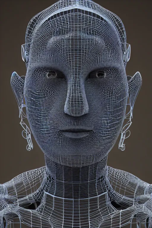 Image similar to intricate 3d render, ultra detailed, of a complex robotic human face, 3 point lighting, blue rim light, silver gold red details, hexagonal mesh wire, filigree intricate details, hyperrealistic, anatomical, robotic parts, fleshy muscalature, elegant, octane render, 8k post-processing