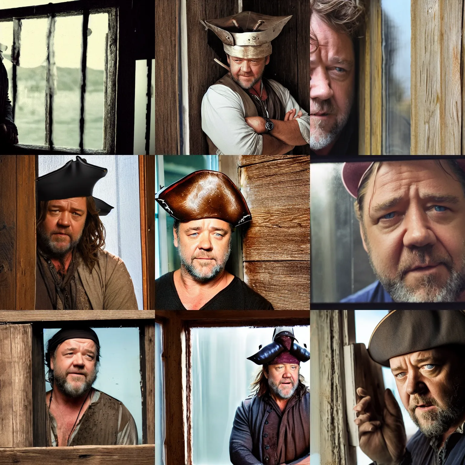 Prompt: russell crowe wearing a too wide silly pirate hat behind a dirty window and wooden wall peering out to the camera