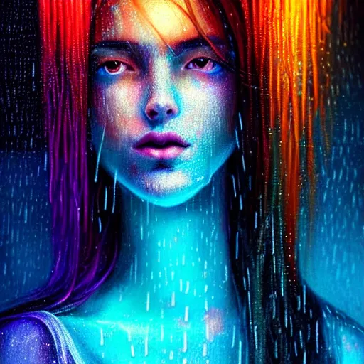 Prompt: bright asthetic portrait LSD glowing backlit rain on face and wet hair in strands, overhead lighting, fantasy, intricate, elegant, dramatic lighting, highly detailed, lifelike, photorealistic, digital painting, artstation, illustration, concept art, smooth, sharp focus, art by John Collier and Albert Aublet and Krenz Cushart and Artem Demura and Alphonse Mucha