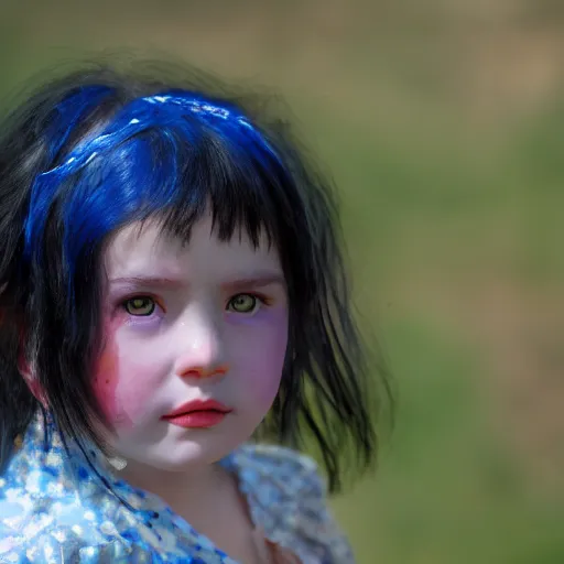 Prompt: a little blue girl with messy black hair she has sharp pointed ears freckles along the ridges of her cheeks, high resolution film still, 4k, HDR colors