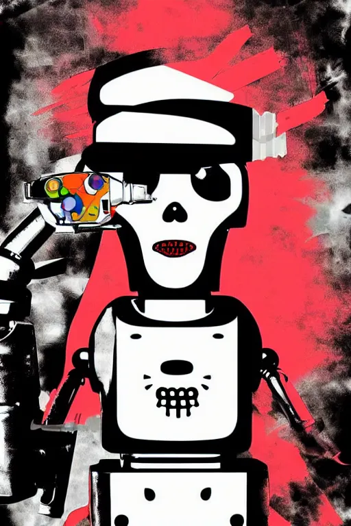 Image similar to extreme wide shot of a robot pirate, wearing an eye patch, Bionic Arms. pop surrealism, pop art. digital art. by Andy Warhol, wide shot