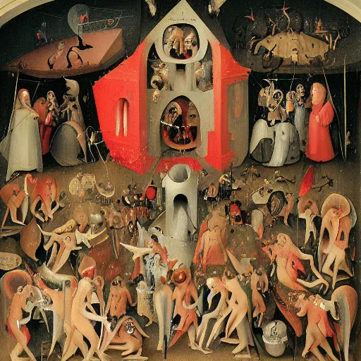 Prompt: disco party of demons and angels in hieronymus bosch style, hyper detailed, hyper realistic, dark humour