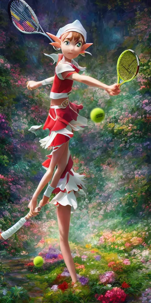 Image similar to An elf playing tennis on a tennis court made of flowers,Japanese anime style, gorgeous atmosphere, full of details, matte painting, concept art, smooth, by Shinkai Makoto and Ina Wong and wlop ，trending on cgsociety and artstation，8kHDR，light effect