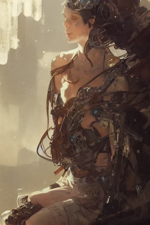 Prompt: A full portrait of a beautiful post apocalyptic offworld techsiren, intricate, elegant, highly detailed, digital painting, artstation, concept art, smooth, sharp focus, illustration, art by Krenz Cushart and Artem Demura and alphonse mucha