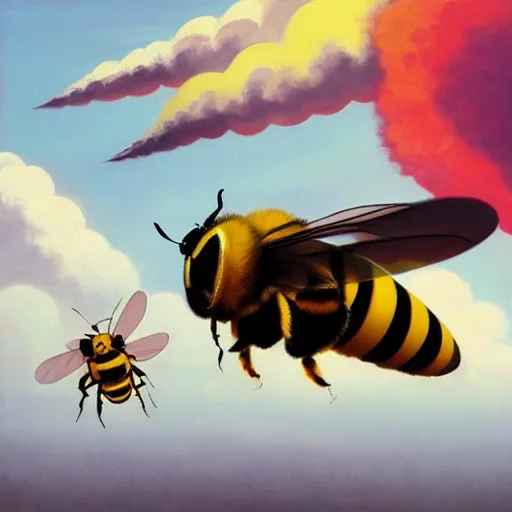 Prompt: Giant bees fly through the air, as a tornado approaches, by Takashi Murakami, Edward Hopper, Bo Bartlett, and Cynthia Sheppard, Artstation