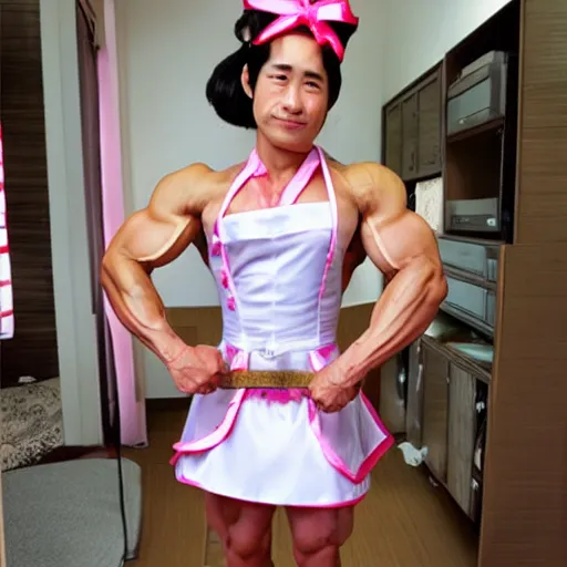 Prompt: male bodybuilder in a Japanese maid outfit