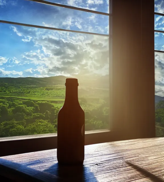 Prompt: a 4 k photorealistic photo of a bottle on a desk infront of a window. good reflections, sunny with sunbeams.