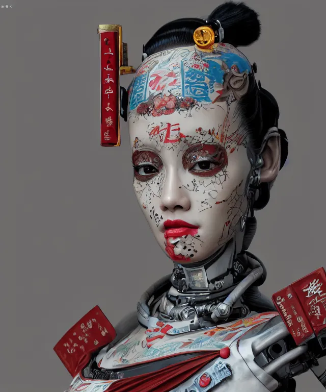 Image similar to an epic fantastic realism comic book style portrait painting of a japanese robotic geisha with kanji tattoos and decals, apex legends, octane render, intricate detail, 4 k hd, unreal engine 5