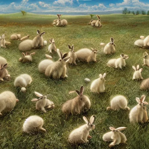 Prompt: A Hundred Bunnies in a large field, realistic, highres, high detail