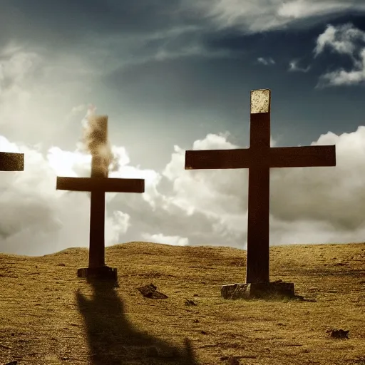 Prompt: cinematic still of three crosses on calvary hill, miraculous cloudy backdrop, Biblical epic movie directed by Peter Jackson, wallpaper, hd