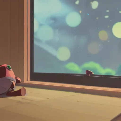 Image similar to toad sitting on a closed thinkpad laptop, makoto shinkai, james gilleard, ilya kuvshinov, very detailed, matte, gaussian blur, tone mapped