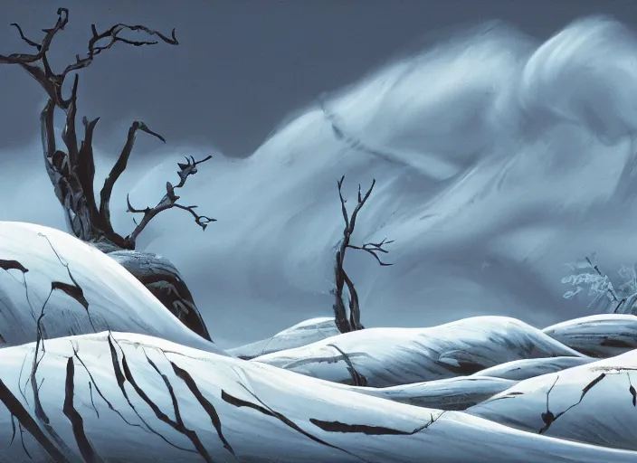 Image similar to minimalist charred moody rhythmic dramatic wooded snowdrift landscape from mulan ( 1 9 9 8 )