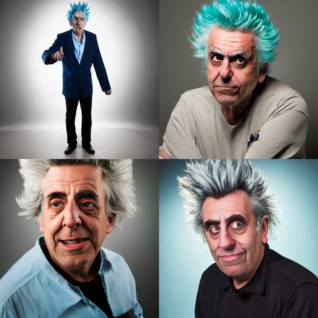 Prompt: rick sanchez in real life, portrait photo, studio lighting