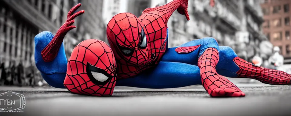 Prompt: soldier shoots spiderman, new york, shallow depth of field, photoreal, cinematic