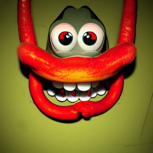Prompt: ominous mr krabs from (spongebob) staring into your soul with realistic, slimy, tentacles made of flesh in background, scary, rendered in blender, horror, gloomy, dark, terrifying, terror, frightful, super detailed octane render,