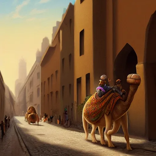 Image similar to A cute mouse riding a camel through a narrow street London, UK, 1885, digital art, trending on Artstation