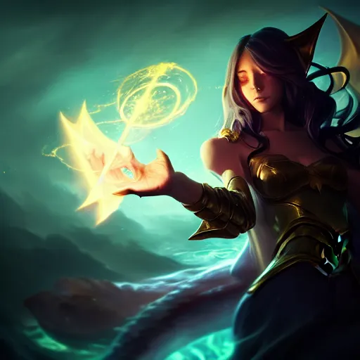 Image similar to amazing portrait of a light summoner with a magic wand summoning a dragon, league of legends splash art, deiv calviz, splash art, natural light, elegant, intricate, fantasy, atmospheric lighting, by greg rutkowski, league of legends splash art, hd wallpaper, ultra high details