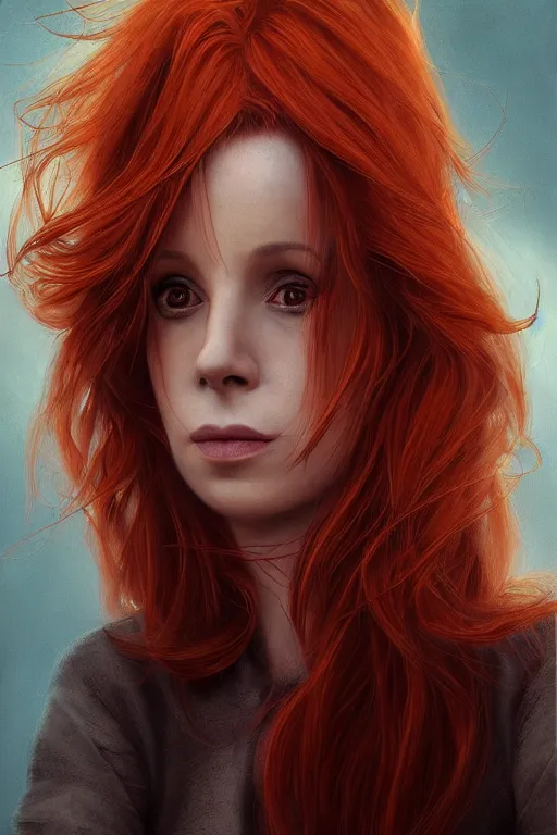 Prompt: portrait of a beautiful redhead woman, mylene farmer, flowy hair, cinematic lighting, highly detailed, digital painting, trending on artstation, pixiv, concept art, sharp focus, illustration, hyper detailed digital matte painting, concept art, cinema 4 d, 8 k resolution, trending on artstation, behance hd