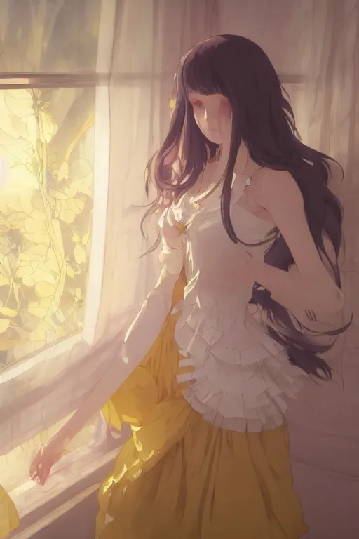 Image similar to a girl in a maid's outfit in the bedroom a night, raining outside the window, yellow theme, wavy white long hair, by krenz cushart and mucha and akihito yoshida and greg rutkowski and makoto shinkai, 4 k resolution