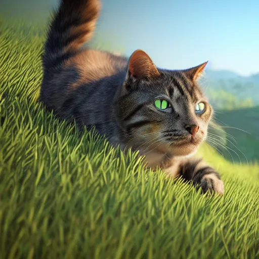 Image similar to an image of a cat on a hill in a rural appalachian landscape, octane render, detailed, 8 k resolution, hyperrealistic