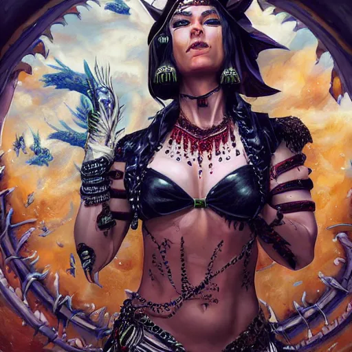 Image similar to a portrait of an female dragon belly dancer, sharp claws by sandra chevrier, detailed render, epic composition, cybernetics, 4 k realistic, cryengine, realistic shaded lighting, sharp focus, masterpiece, by matteo scalera, gary montalbano, peter elson in the style of the tokyo ghost comic