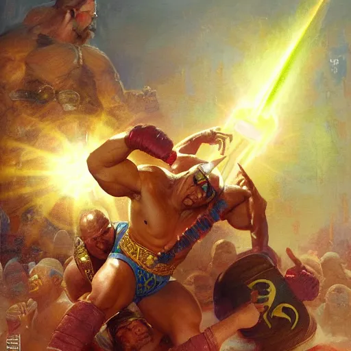 Image similar to the iron sheik breaking hulk hogan's back, radiant light, caustics, heroic, bright iridescent light, by gaston bussiere, bayard wu, greg rutkowski, maxim verehin, epic wrestling combat, legendary