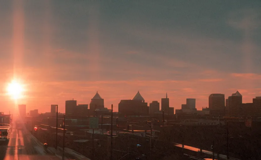 Image similar to cinematic screenshot sunrise view of buffalo as seen from bus, moody scene from being john malcovich directed by charlie kaufman ( 2 0 0 1 ), moody volumetric light morning, anamorphic lenses, kodak color film stock