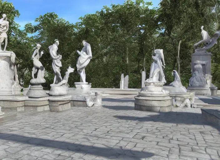 Image similar to a park with many marble statues, unreal engine,